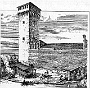 La 'TORGRANDE' in un'incisione prima della erezione della cupola dell'osservatorio. In basso lo 'squero', piccolo arsenale per la costruzione delle barche  (Giancarlo Pavin)